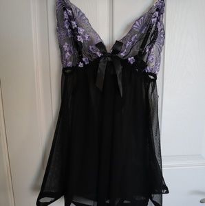 Purple Floral and Black Lace Lingerie with Thong